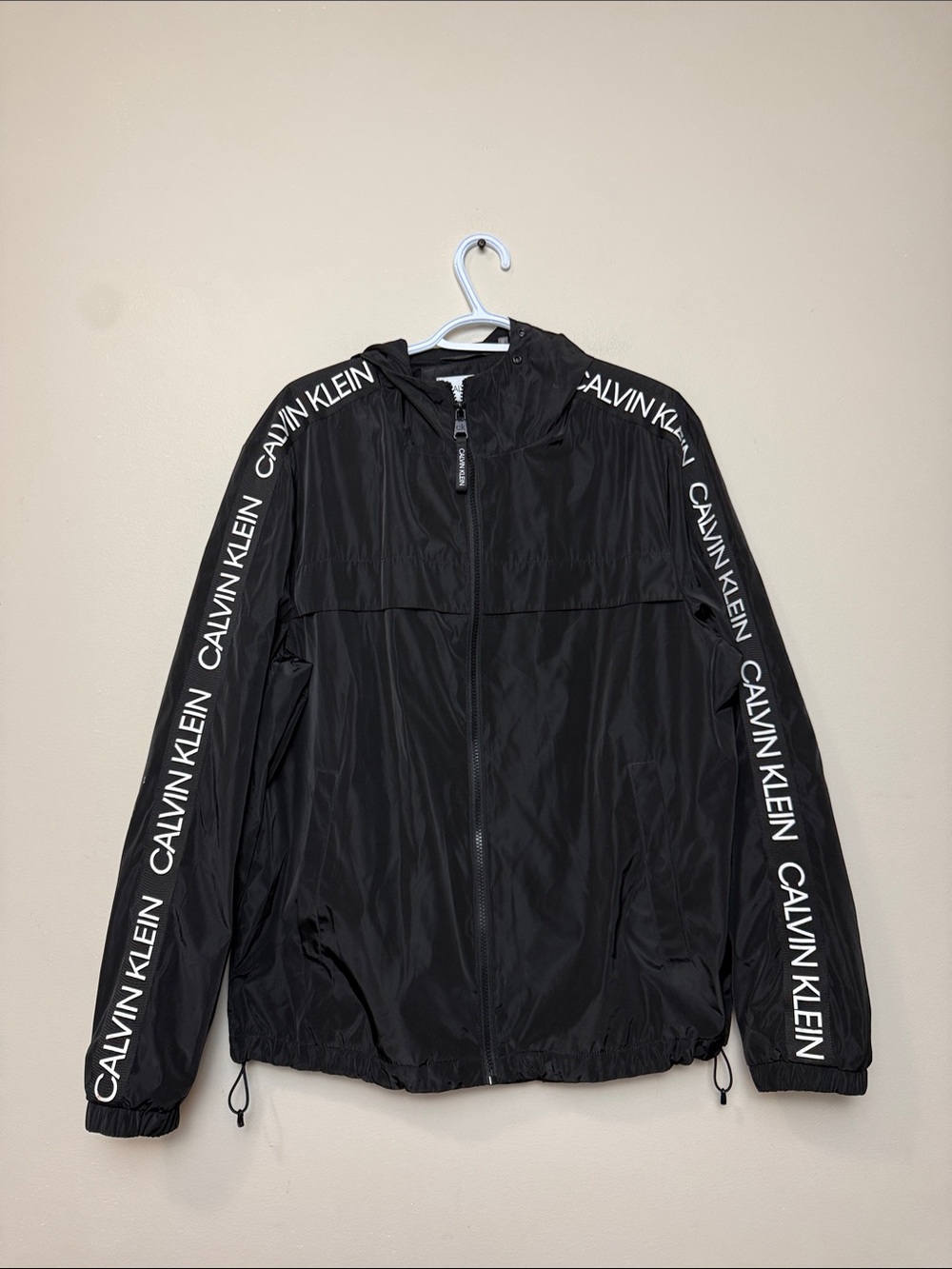 Calvin Klein Black Hooded Logo-Trim Windbreaker size L